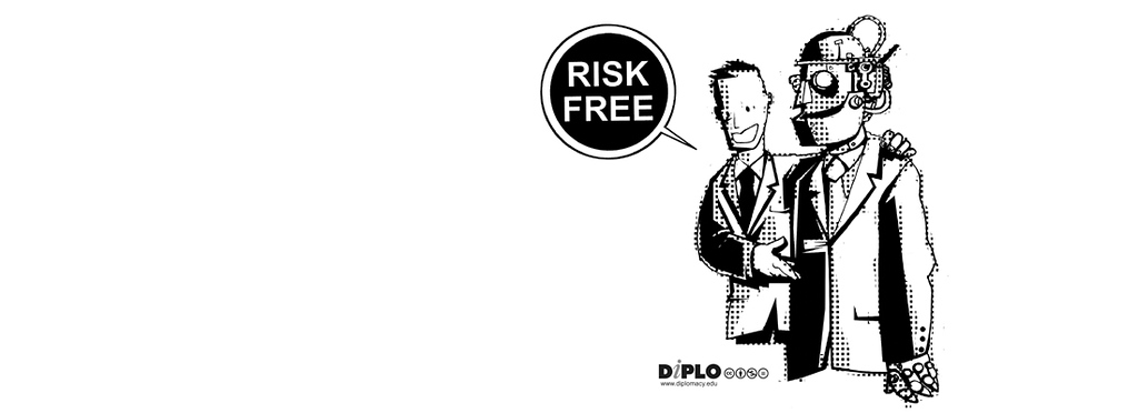 A salesperson smilingly presents a humanoid AI dressed in a suit and tie, promising it is ‘risk free’.