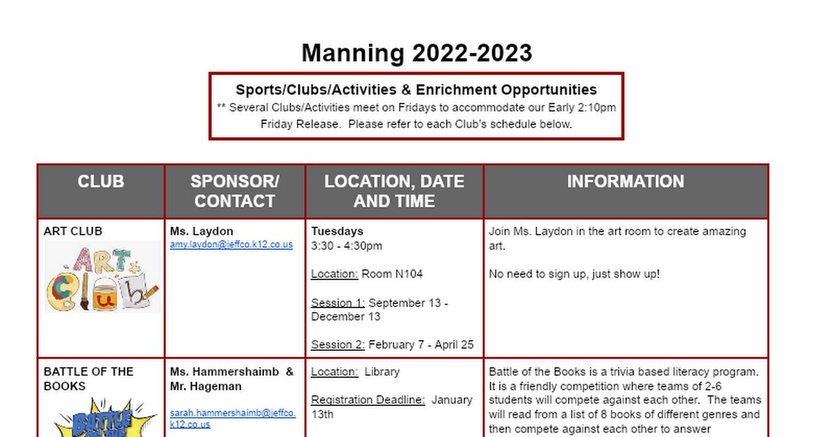 22-23 Clubs/Activities & Enrichment Opportunities