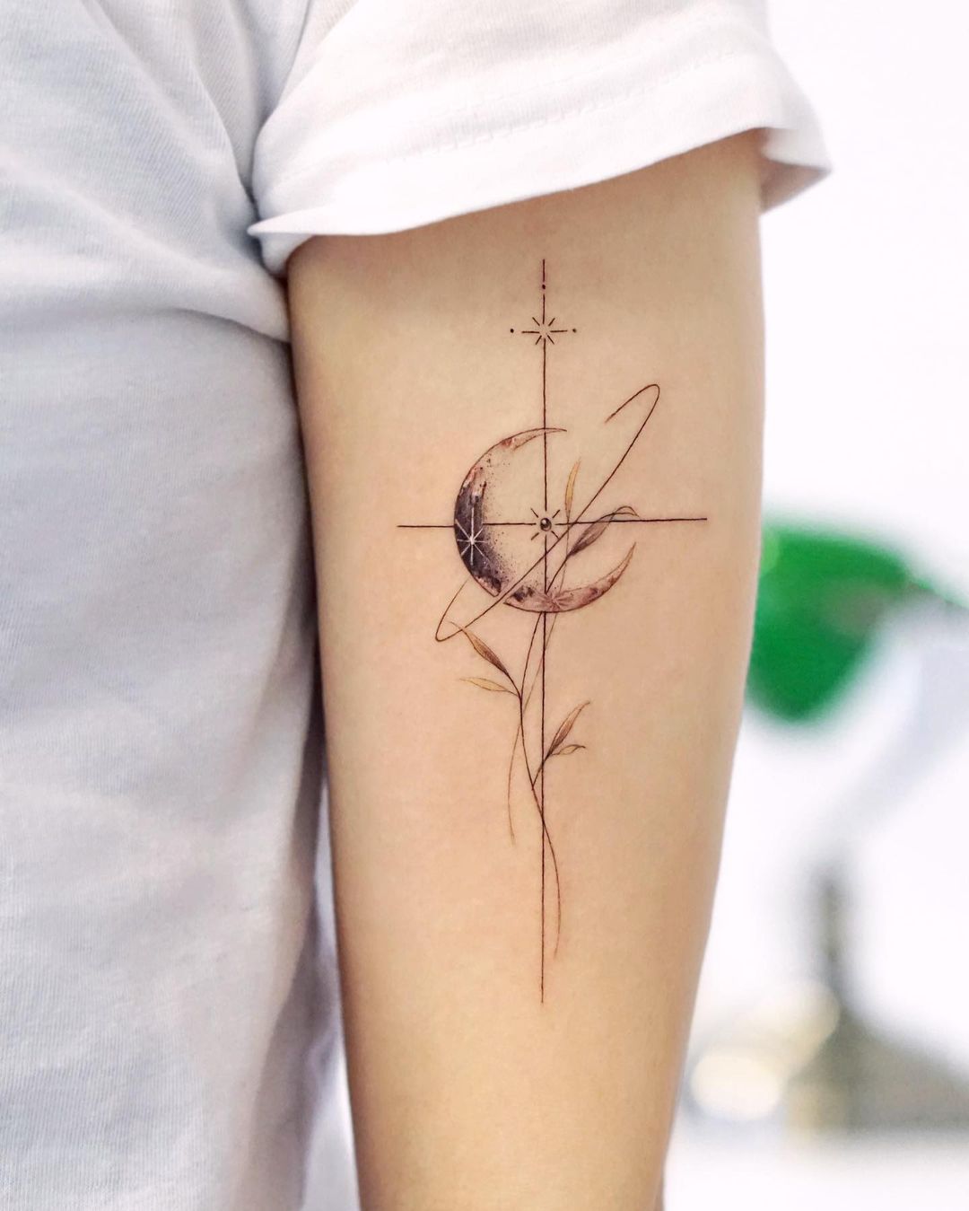 Fineline Cross Tattoo With Moon