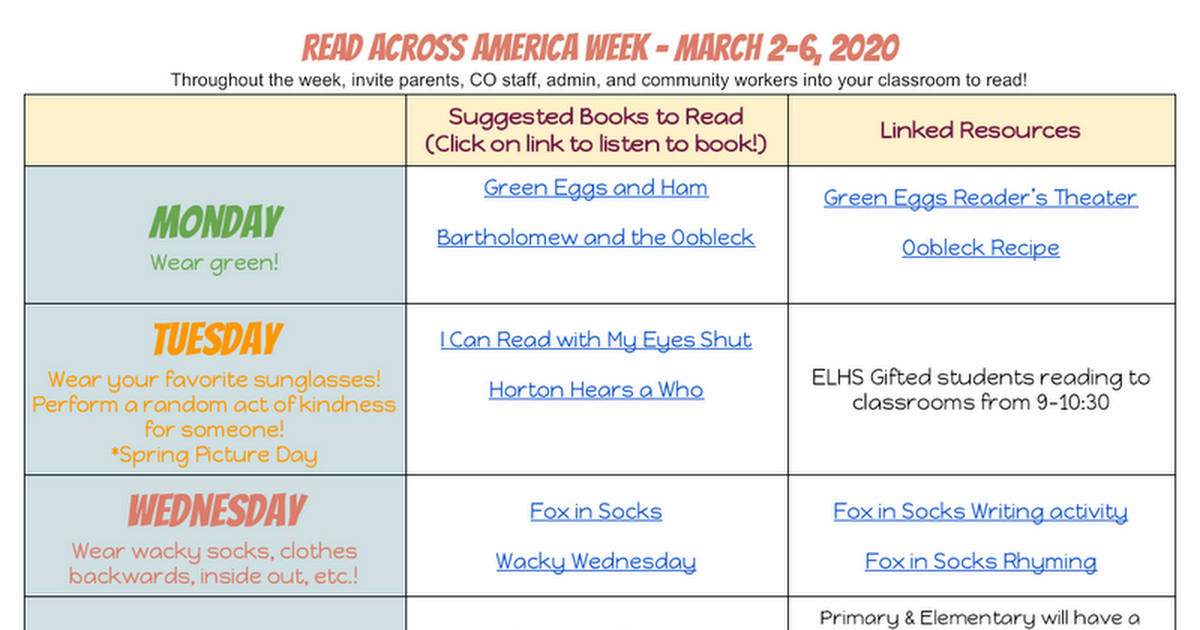 2020 Read Across America Week Resources
