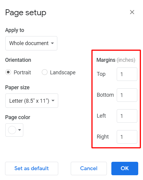 adjust margin in google docs using page setup method