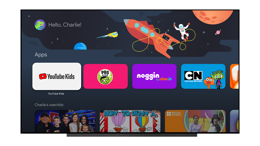 The homescreen for a Google TV kids profile showing a row of apps, above a row of the watchlist