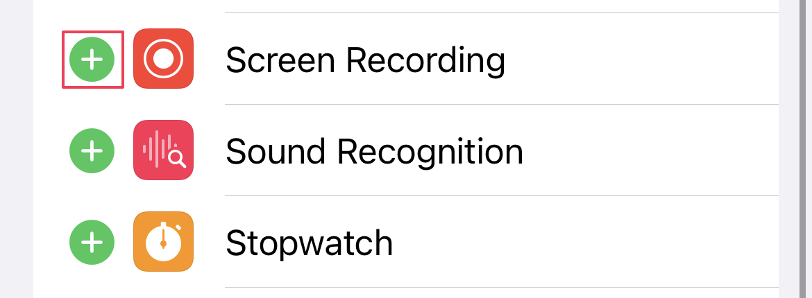 A red rectangle around the plus icon next to Screen Recording.