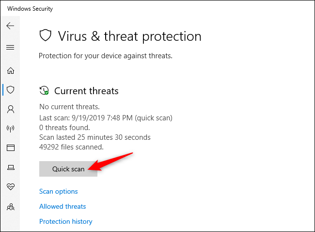 Manually scanning for viruses and other malware in Windows Security.