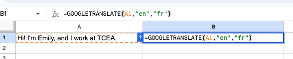 Google translate formula in a google sheet cell