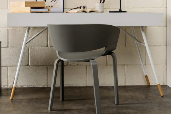 White study table with lift storage and cable management