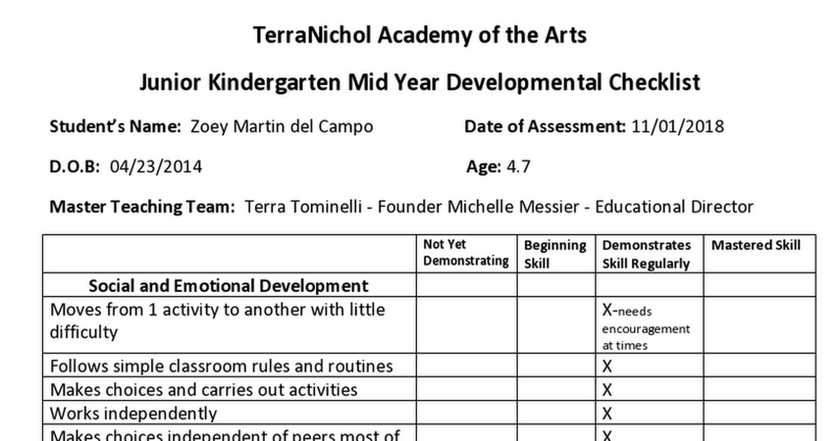 Zoey Martin del Campo Junior Kindergarten 2018 Mid Year Developmental Checklist