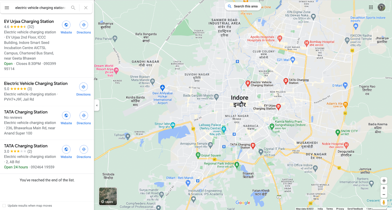 electric vehicle charging stations in Indore-google map- yocharge