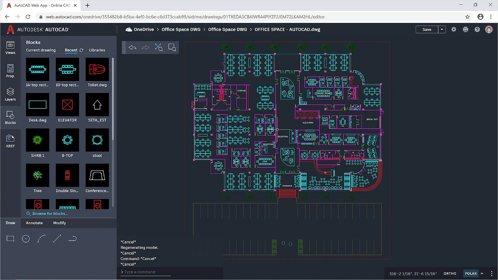 AutoCAD web app user interface