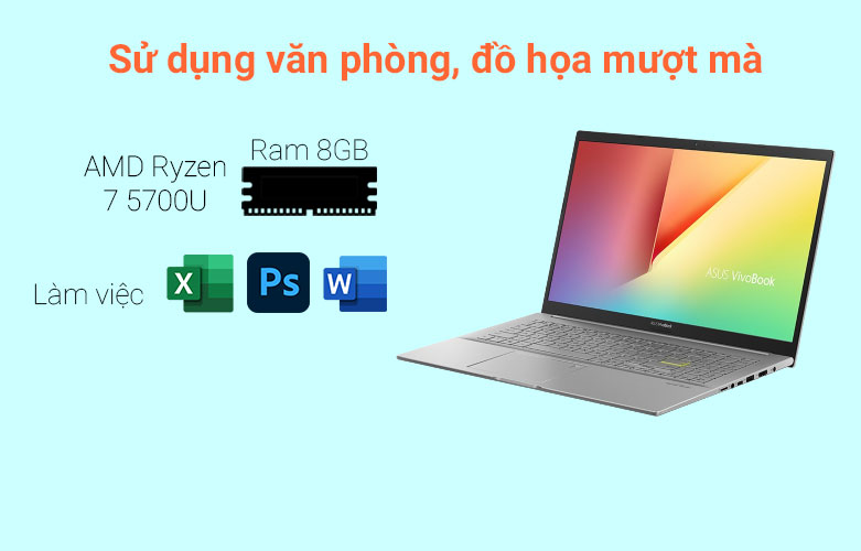Máy tính xách tay/ Laptop Asus M513UA-L1240T (AMD Ryzen 7 5700U) (Bạc) | Sử dụng văn phòng, đồ họa mượt mà