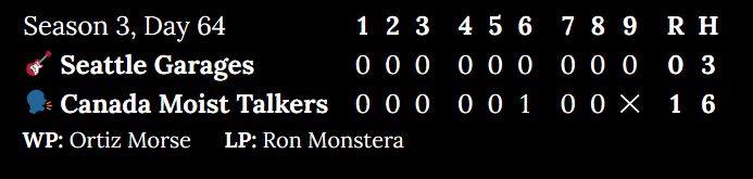 Season 3, Day 64. Seattle Garages at Canada Moist Talkers. Inning 1: 0 to 0. Inning 2: 0 to 0. Inning 3: 0 to 0. Inning 4: 0 to 0. Inning 5: 0 to 0. Inning 6: 0 to 1. Inning 7: 0 to 0. Inning 8: 0 to 0. Top of 9: 0. Score: 0 to 1. Hits: 3 to 6. Winning pitcher: Ortiz Morse. Losing pitcher: Ron Monstera.