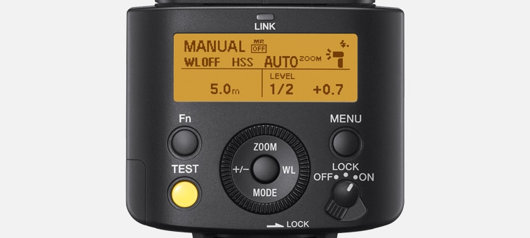 Close-up image of the product display provides status info, assignable arrow key and control wheel