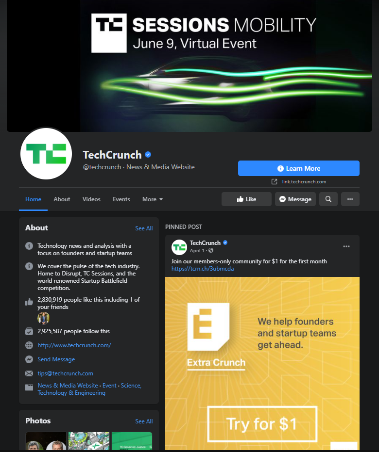 techcrunch facebook page example