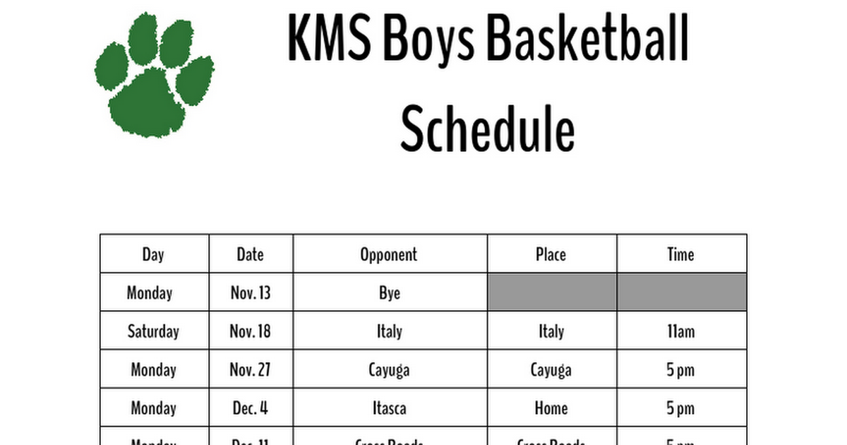 KMS Boys Basketball Schedule