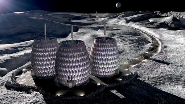 A rendering shows three cylindrical shaped structures on the moon.