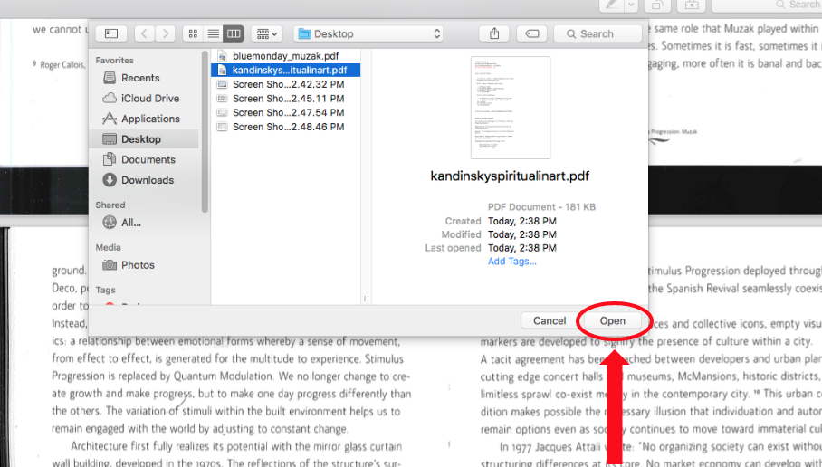 PDF file highlighted with open button circled