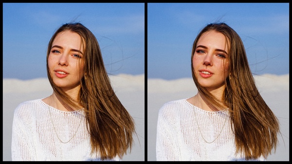Antes e depois da foto de uma mulher morena onde uma das fotos está com a maquiagem Vixen, de rena, do AirBrush
