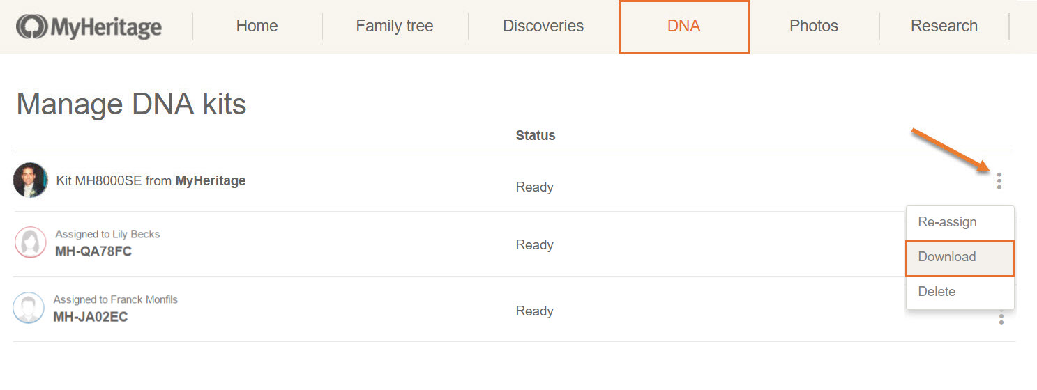 MyHeritage suporta download de dados brutos de DNA. Da revisão do My Heritage.