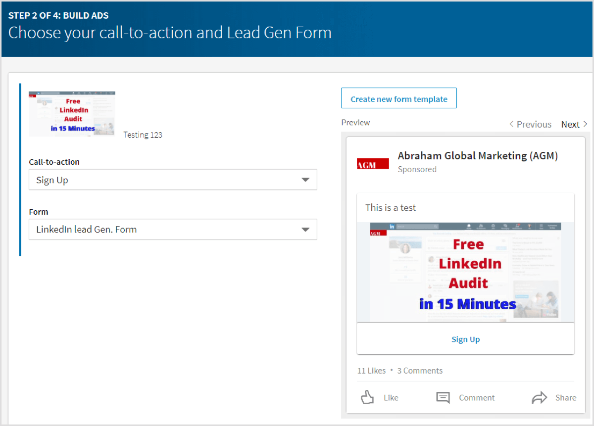 select call to action linkedin lead ads