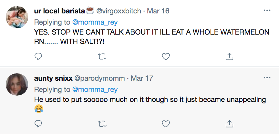 @virgoxxbitch on Twitter voicing opinion about watermelon with salt