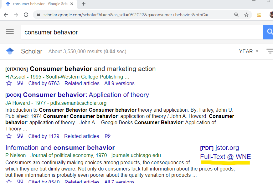 A website browser tab is open with a Google Scholar search for consumer behavior. About 3,550,000 results (0.04 seconds). Next to the title Information and consumer behavior is a PDF jstor.org link. It is labeled Full-Text @ WNE underneath. This is hyperlinked.