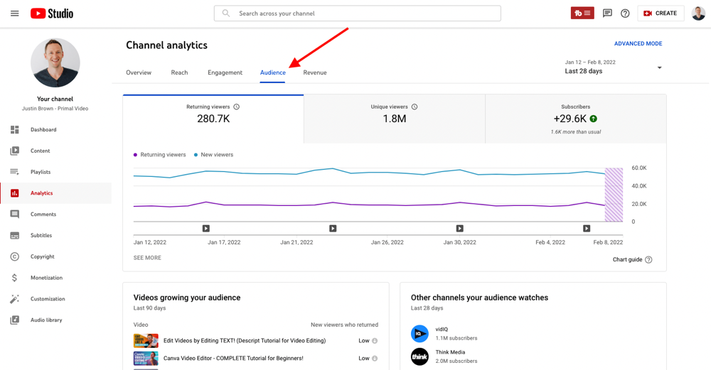 To find your high traffic times on YouTube, go to Audience inside your YouTube Studio