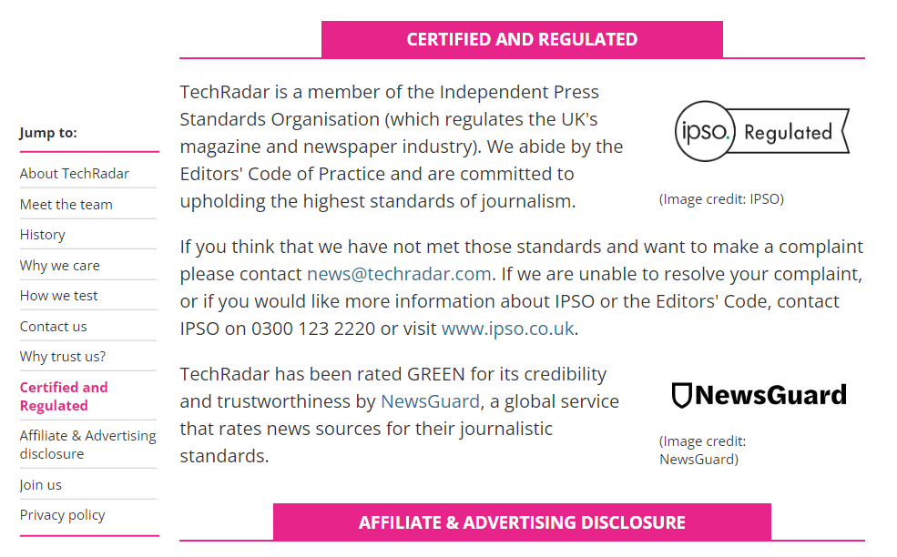 TechRadar credentials page