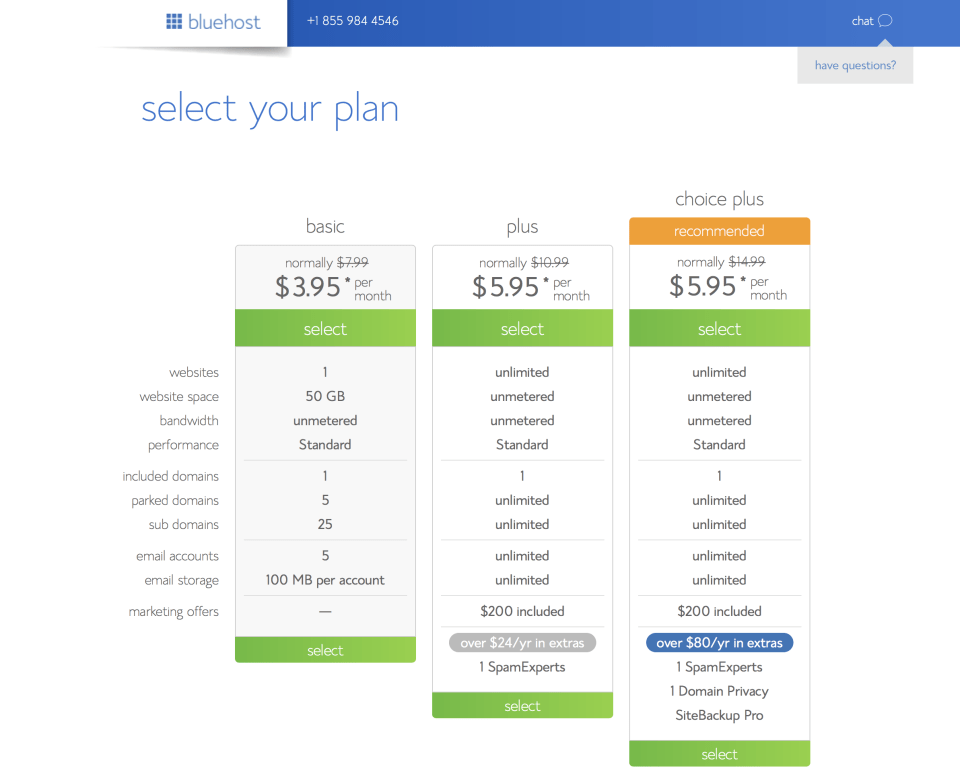 bluehost select your plan