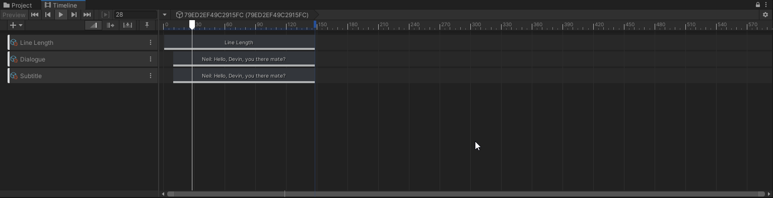 A screenshot of one of our lines in Unity’s sequencing tool called ‘Timeline’. There are three tracks: Line Length, Dialogue, and Subtitle. Each Track has a single Clip on it. The Clips display the text of the line: “Neil: Hello, Devin, you there mate?”