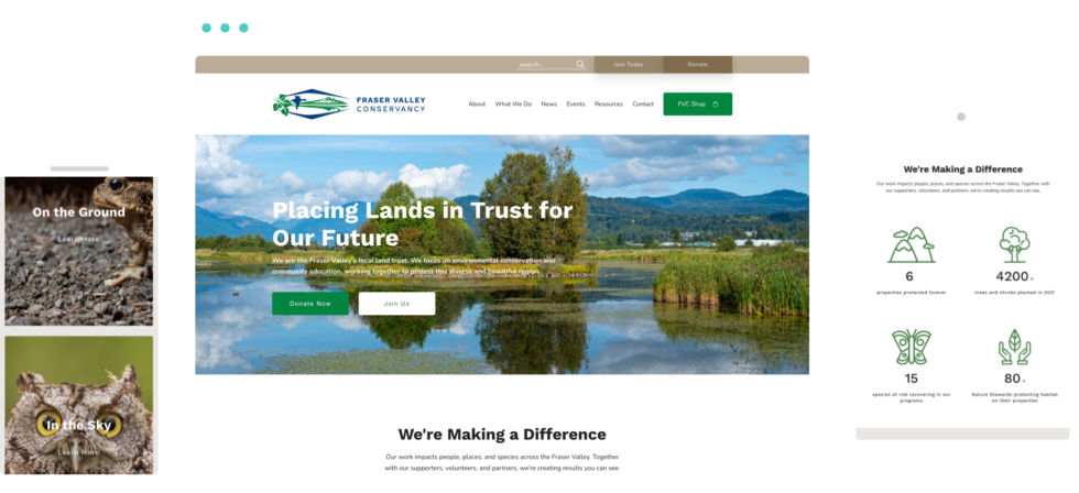 screenshot showing the Fraser Valley Conservancy homepage with a wide banner photo of a lush green wetland, and bright green CTA buttons