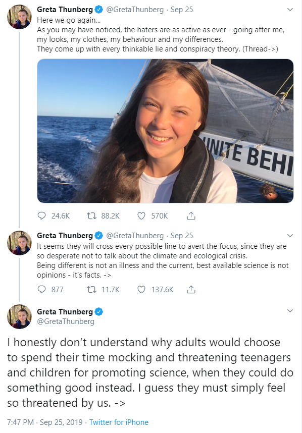 Great Thunberg defending herself on  Twitter