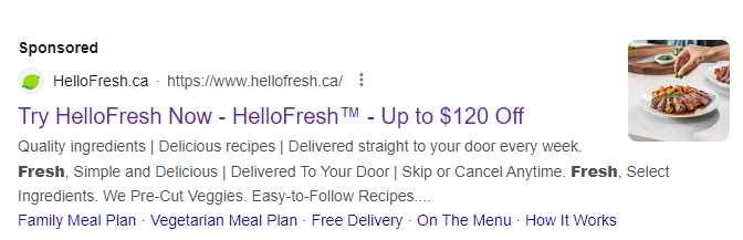 hellofresh ad on google screenshot