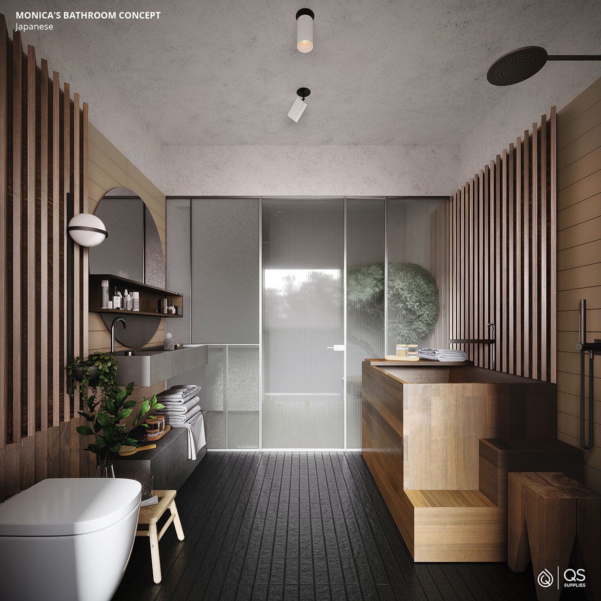 banheiro com piso de madeira preto, parede revestida de madeira marrom, banheira d emadeira, pia cinza, espelho redondo.