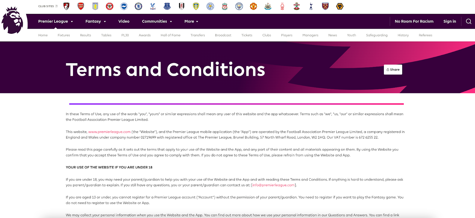 terms and conditions example for the premier league