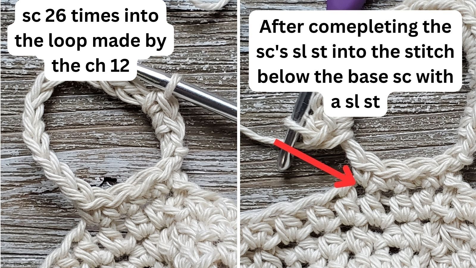 going back across the ring, single crochet 26 times into the ring and then secure with a slip stitch into the same stitch that the last sc of the base was in.