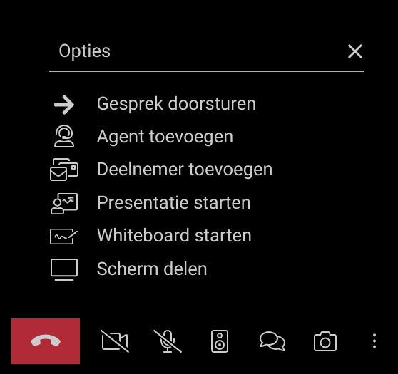 Een schermafbeelding van de extra opties die je hebt tijdens een beeldbelgesprek. Deze opties zijn: gesprek doorsturen, agent toevoegen, deelnemer toevoegen, presentatie starten, whiteboard starten en scherm delen.