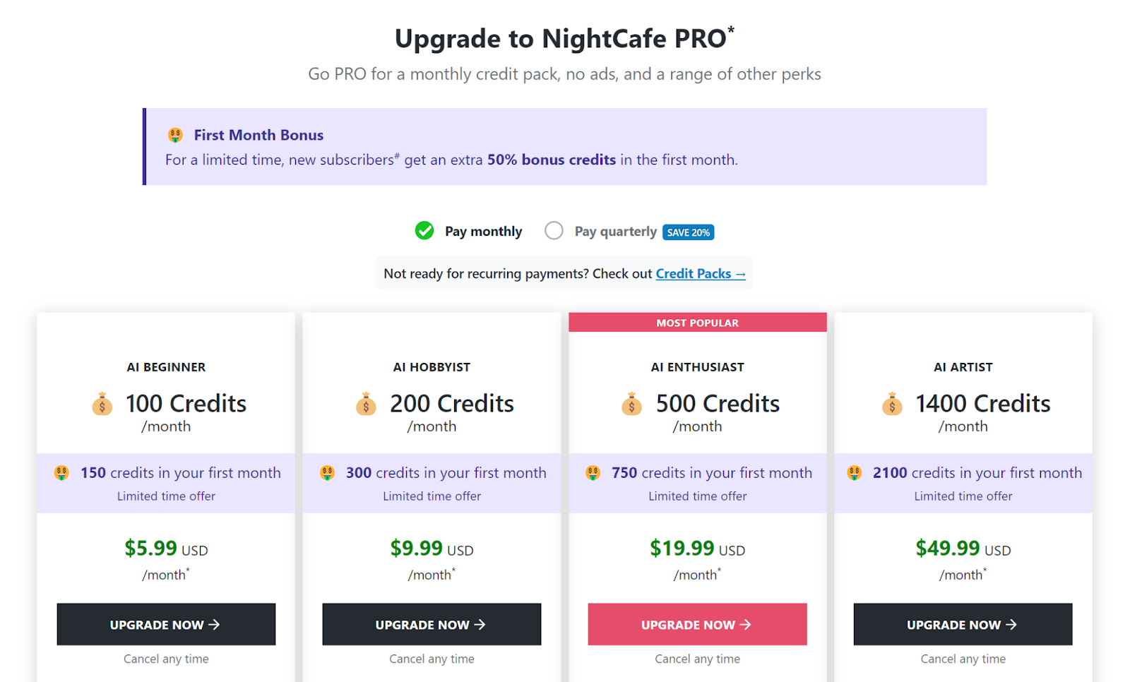 Monthly subscription plans available on NightCafe.
