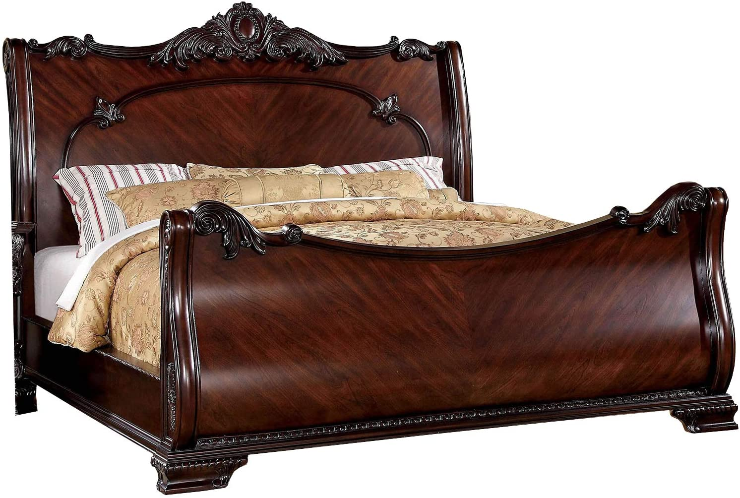 A bed with the traditional sleigh bed features