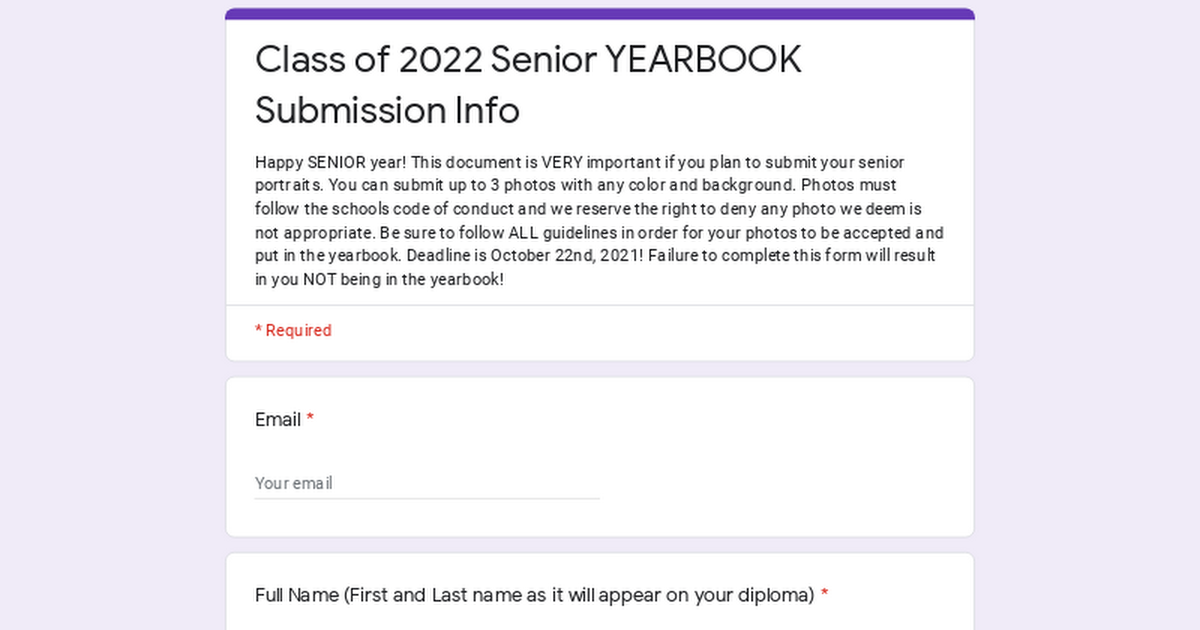Class of 2022 Senior YEARBOOK Submission Info