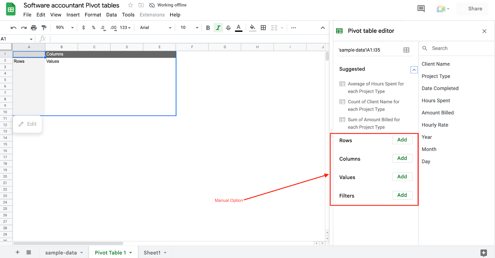 Creating Manual pivot tables in Google sheets