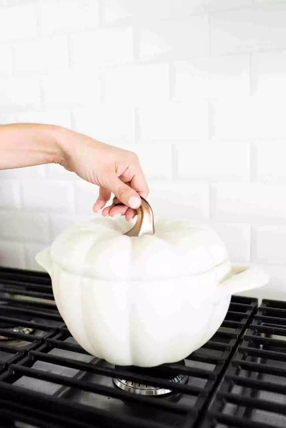 white pumpkin pot dishware sitting on a stove