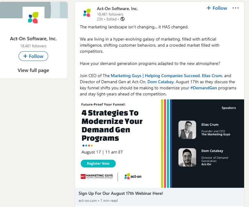 Screenshot shows a LinkedIn post to illustrate the demand generation strategy of engaging audiences in their preferred channels.