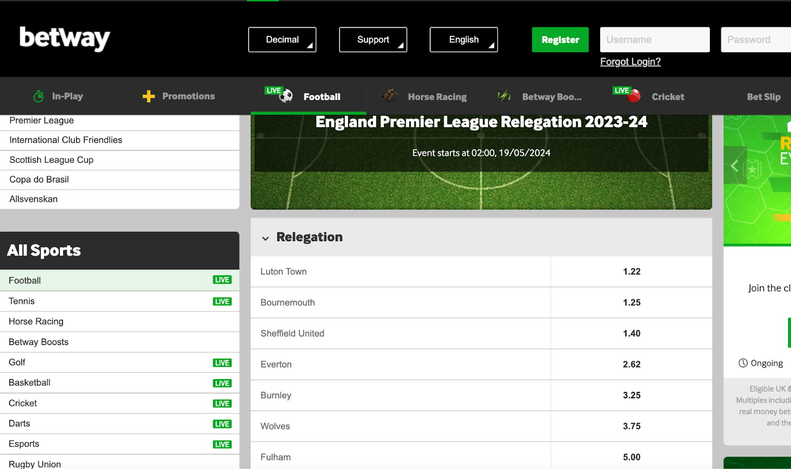 Premier League relegation outright market at Betway