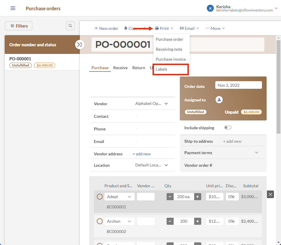 inFlow purchase order label printing