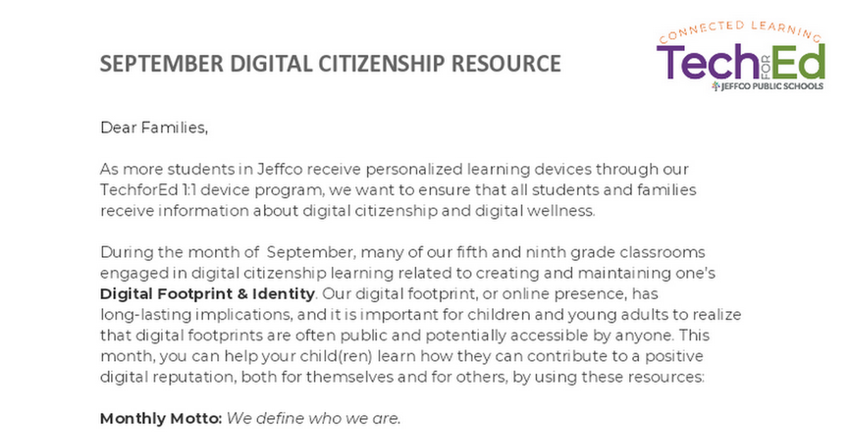 September Digital Citizenship Family Letter