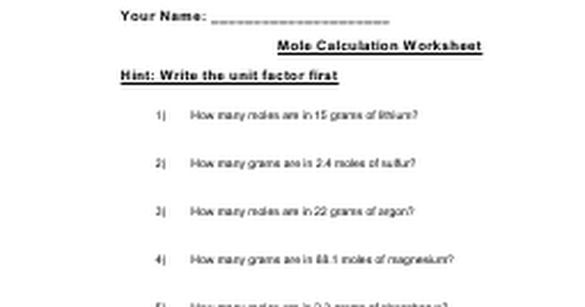 Worksheet Mole Calculation Worksheet mole calculation practice worksheet answers with work intrepidpath grams to moles doc worksheets