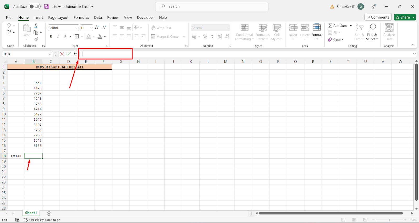 how to subtract in Excel- Enter the formula in the Formula bar