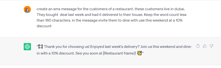 a chatGPT chat of personalized SMS generated for customers of a restaurant in Dubai who bought a deal