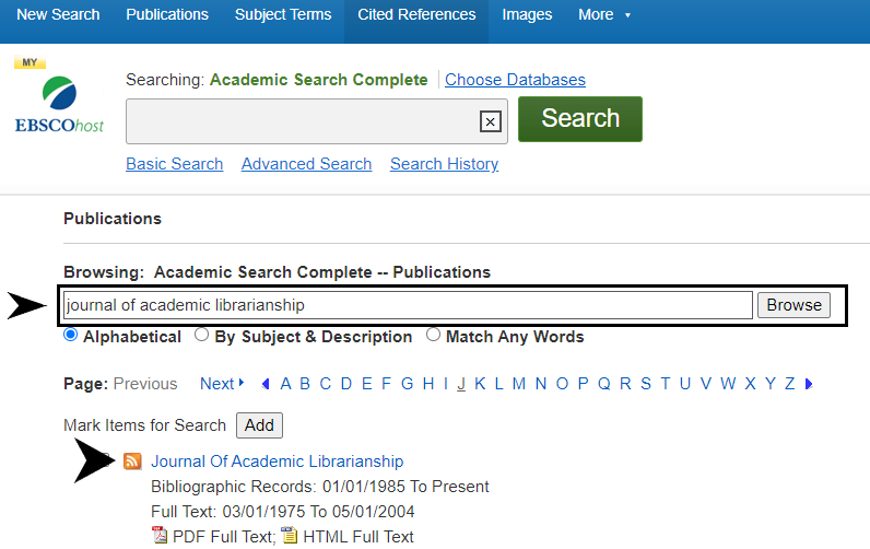 Screenshot of an EBSCOhost database with arrows pointing to the search bar and journal RSS feed