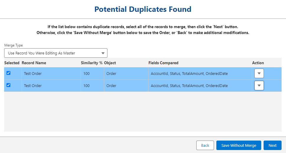 Detecting duplicate Orders